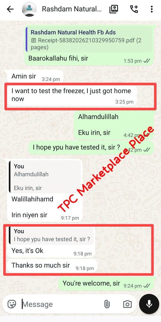 WhatsApp testimonial showing customer tested the freezer and confirmed it was okay